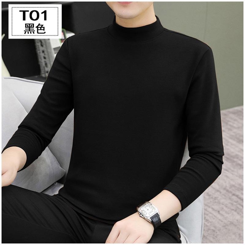 Spring Autum Half High Collar Solid Color Bottomed T-shirt Male Long Sleeve All-match Cotton Top Pullover Tee Men