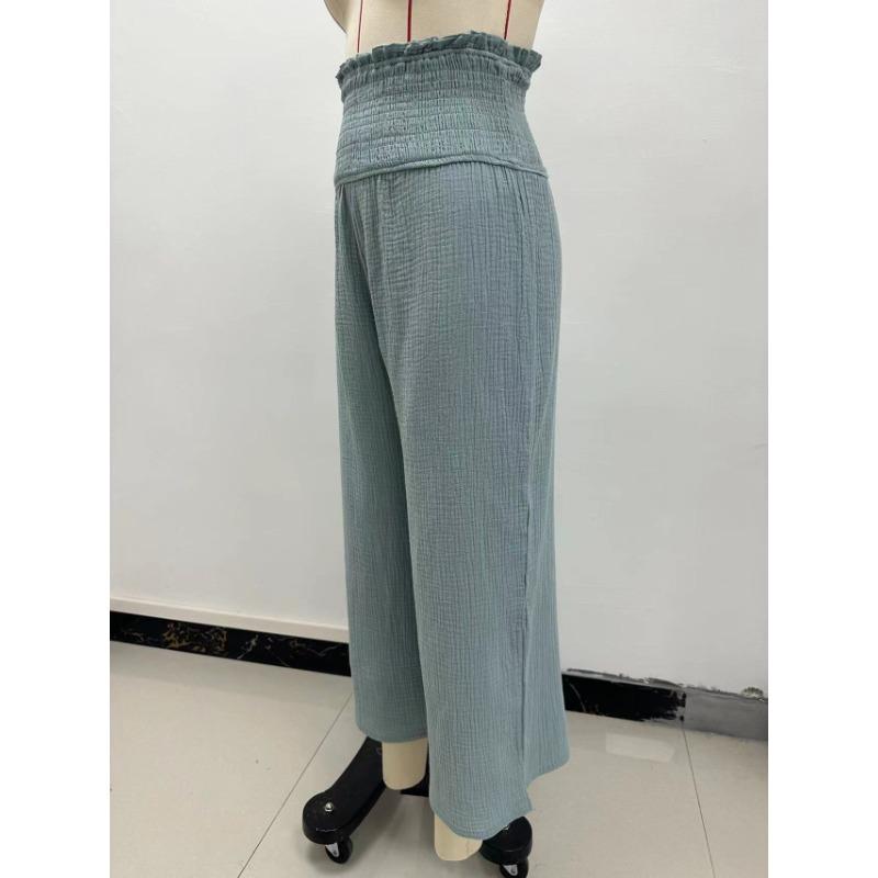 Summer Women's Pants Solid Colour High Waist Drawstring Trousers Casual Cotton Linen Pants Cropped Pants