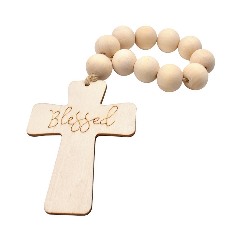 Pingente de cruz com contas de rosário de madeira ornamento religioso cristão pendurado para primeira comunhão batismo presente de batismo