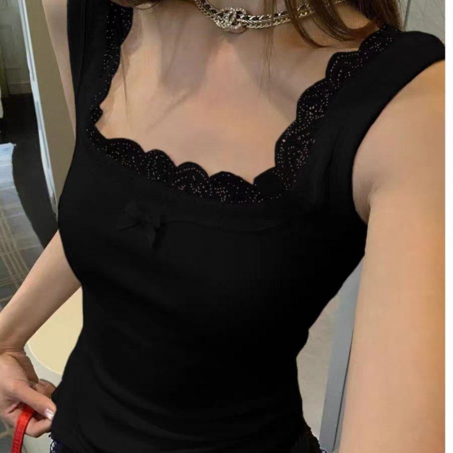 Women's Plus Size Slim Fit Square Neck Lace Camisole - Spring/Summer 2025 Trendy Sleeveless Base Layer