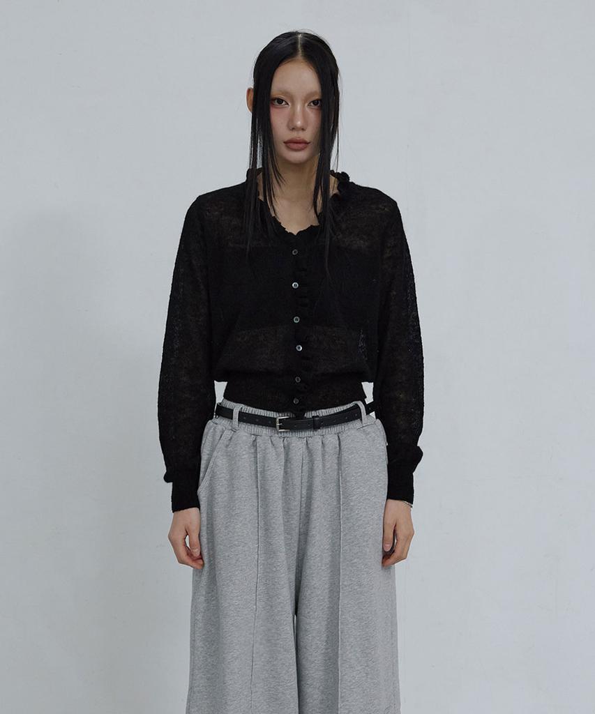 Uusoo Kid Mohair Lace V-Neck Cardigan_ Black