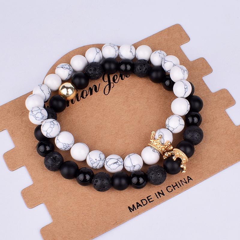 2pcs Charm Paired Bracelets Men Sets Crown Women's Bracelets Natural Stone Beads Wristband Couple Bracelet Gifts Friends Jewelry
