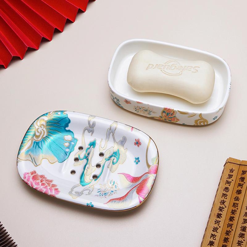 European Ceramic Peony Soap Dish Double-layer Water-draining Bathroom Storage Rack Hotel Soap Storage Box Bathroom Accessories