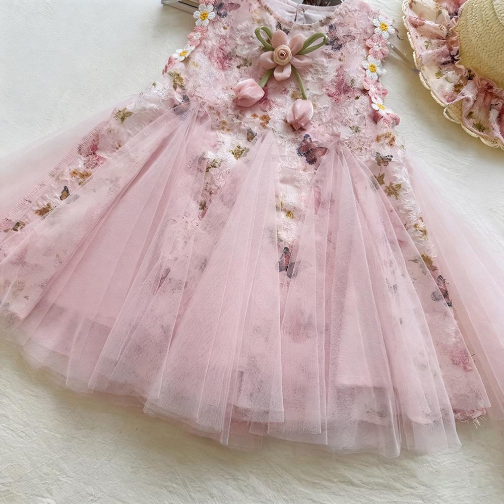Stylish 2026 Sleeveless Floral Mesh Tulip Dress for Girls 150 cm