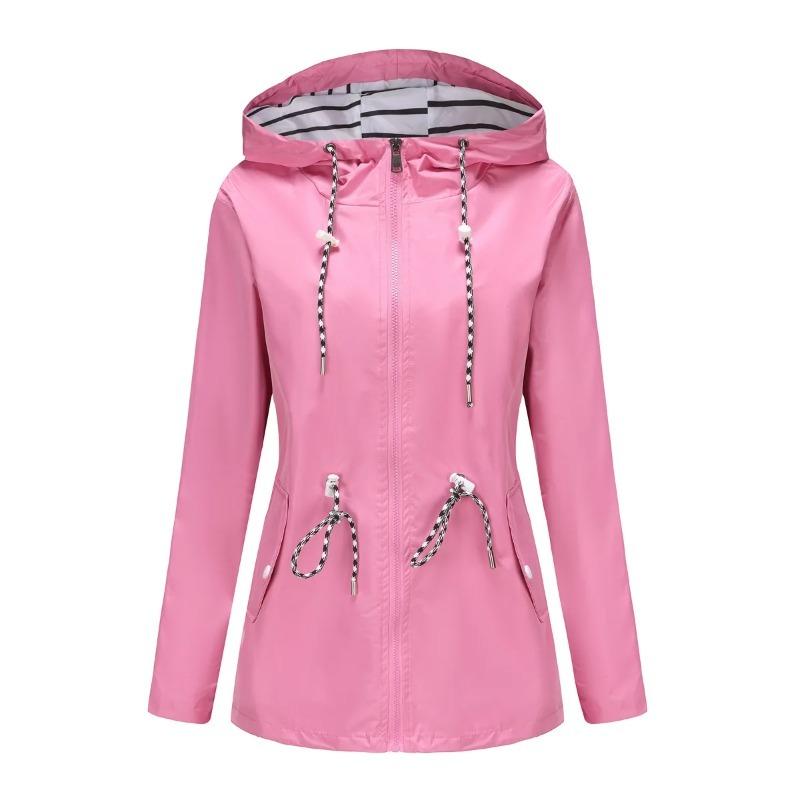 Red Waterproof Hooded Jacket Women Fashion Casual Coat Waist Drawstring Tie Zipper Switch Blue Green Yellow Black Windbreaker