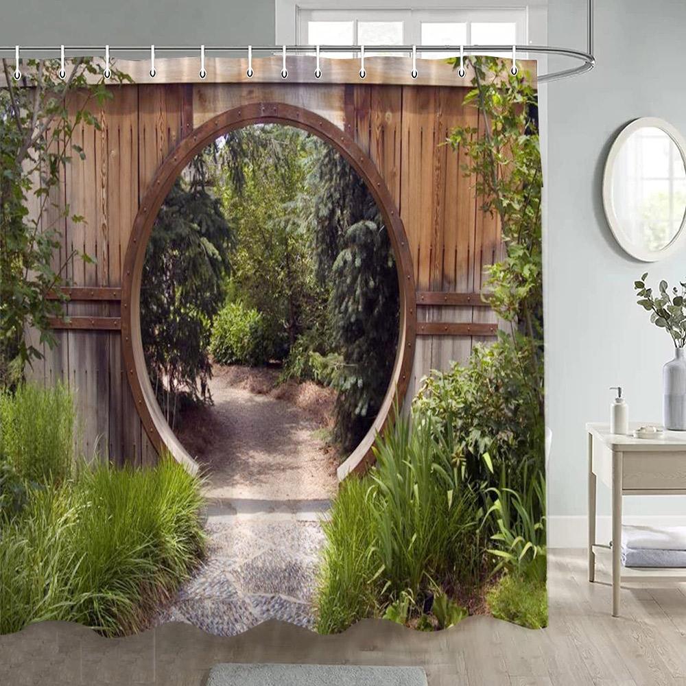 Rustic Landscape Shower Curtain Forest Waterfall Chinese Moon Door Flowers Plant Nature Scenery Polyester Bathroom Curtain Decor