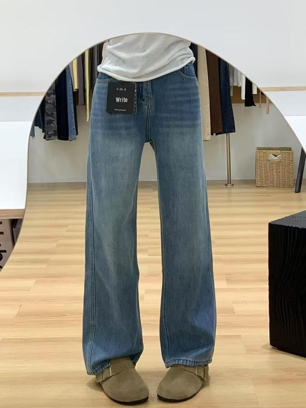 Retro Plus Size Velvet-Lined High Street Jeans for Women - Trendy Straight Leg Style S