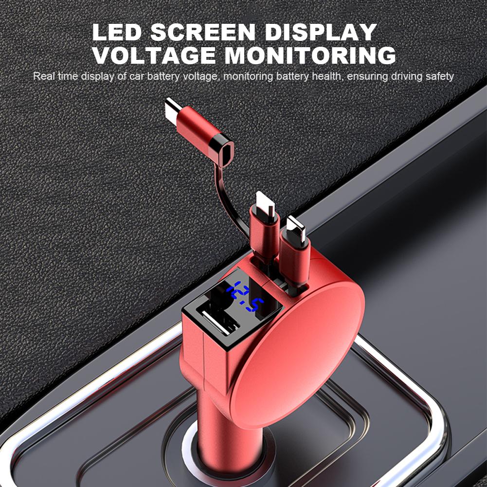 3 in 1 60W Car Lighter Adapters Charger Telescopic Cord 60W 3 in 1 Car Charger Adapter Dual Port for IPhone/Android/Type-C Phone