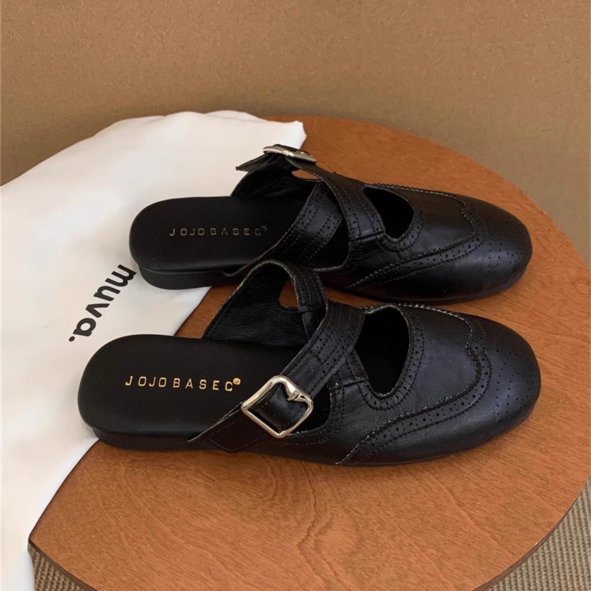 

Нишевые ретро круглоголовые сумки на плоской подошве, шлепанцы, женская летняя обувь, британские Брок, с перекрестными ремешками, ленивые полусабо сандалии 39 чёрный