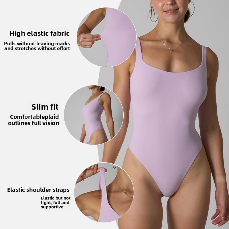 Lightweight, Form-fitting Tummy-control U-neck Bodysuit with Sheer Effect Backless One-piece