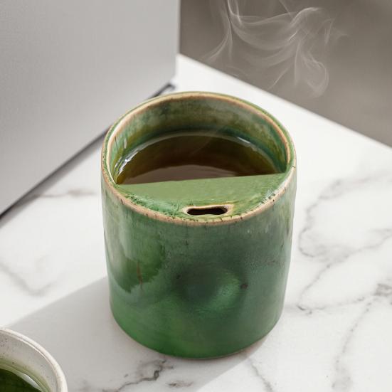 Vintage Keramik-Kaffeebecher mit Strohhalm, Retro Handbemalte Gestreifte Zylinderbecher, Grobkeramik für Heiße Kalte Getränke