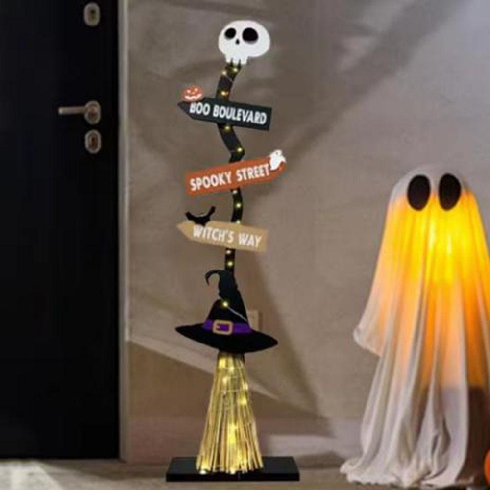 Spooky Design Wooden Witch Broom with Base Halloween Broomstick Ornament  Yard Ornament