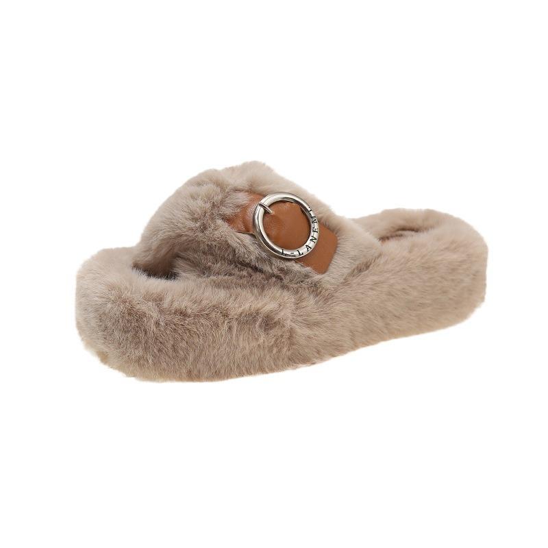 Korean Version Ins Trendy Fluffy Slippers Women's  Autumn Soft Bottom Cross with One-word Drag Casual Outer Wear Versatile Cotton Drag