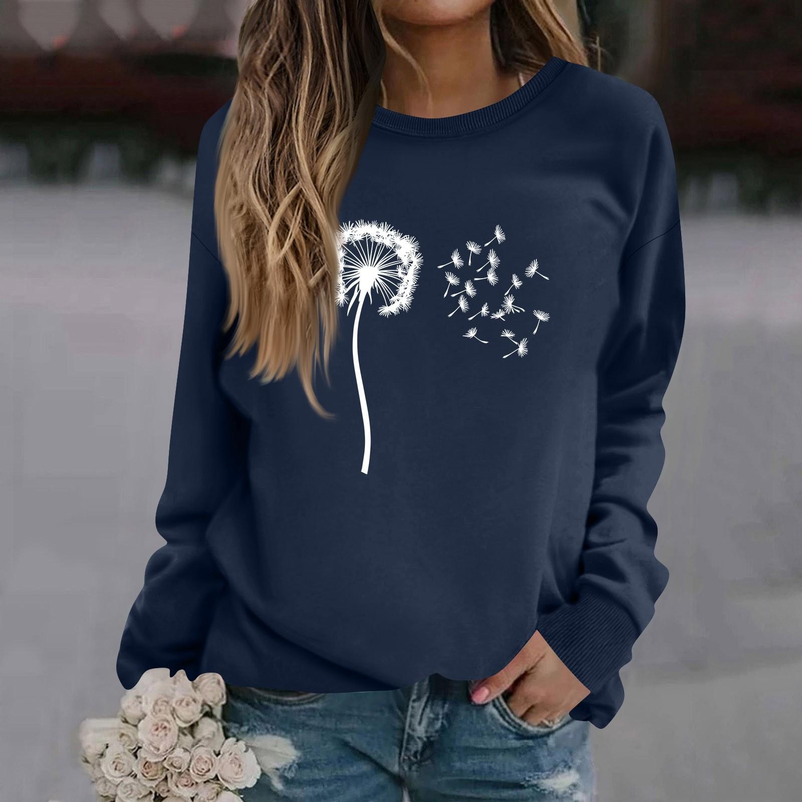 

Жіноча мода повсякденний довгий рукав суцільний колір друкований круглий виріз Топ M Темно-синій