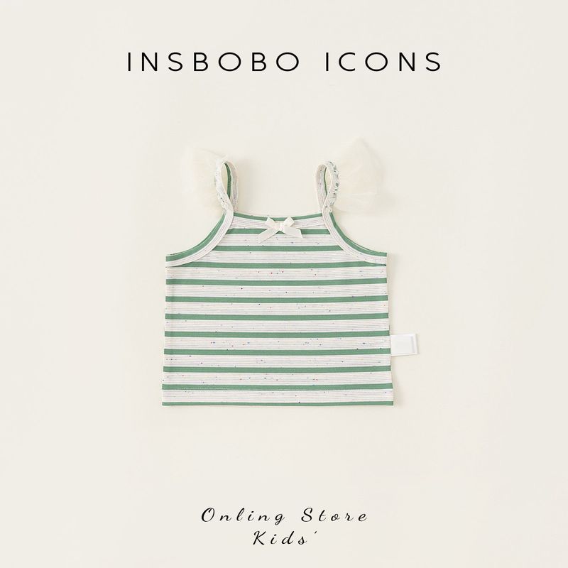 Insbobo Girl Summer Vest New Arrival Sweet Kids Flounced Sleeve Sling Thin Outwear Stripes Tops Princess Green and White Strips 80