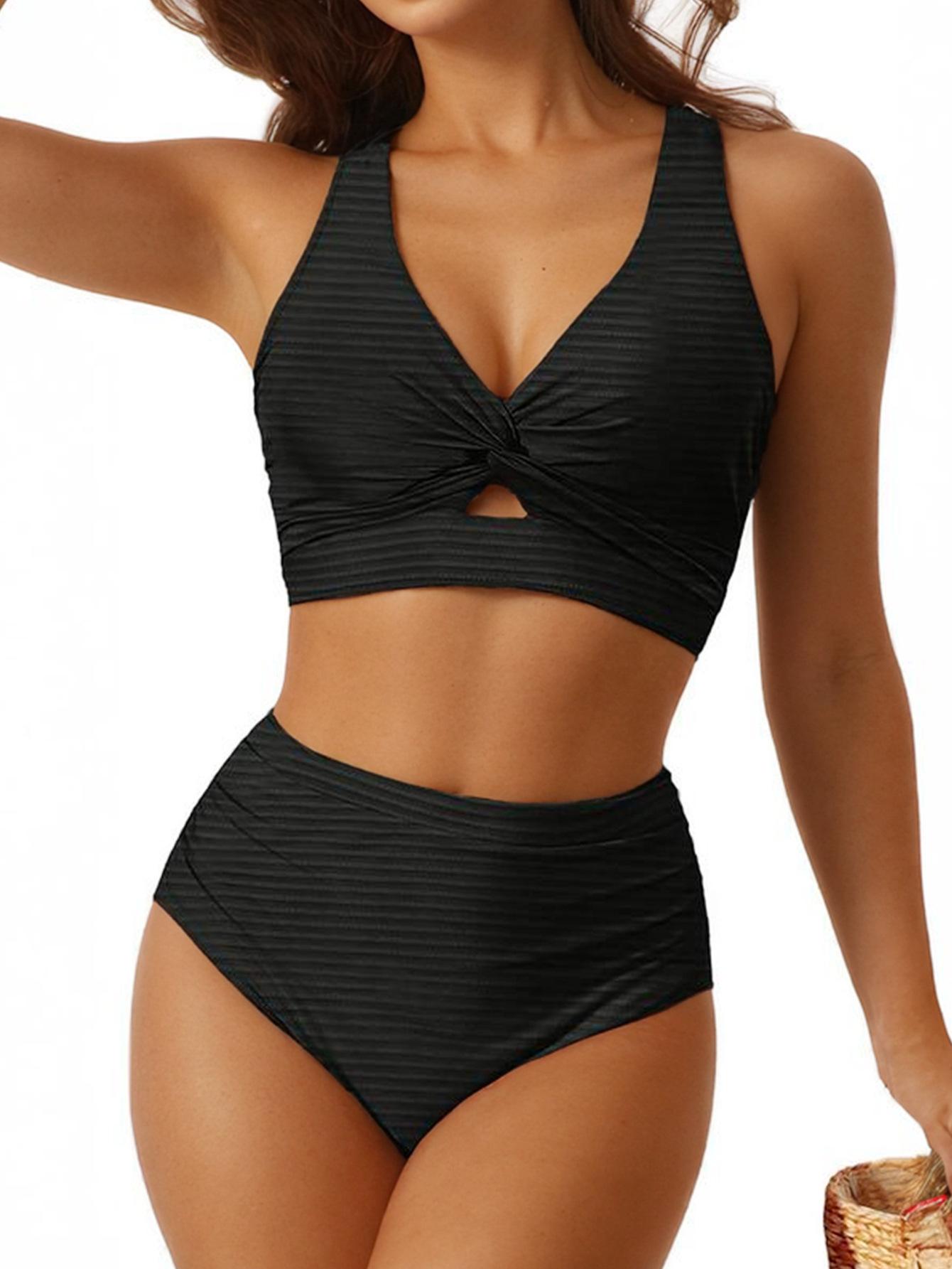 Solid Ribbed High Waist Slimming Sexy Two Piece Bikini Set Elegant S
