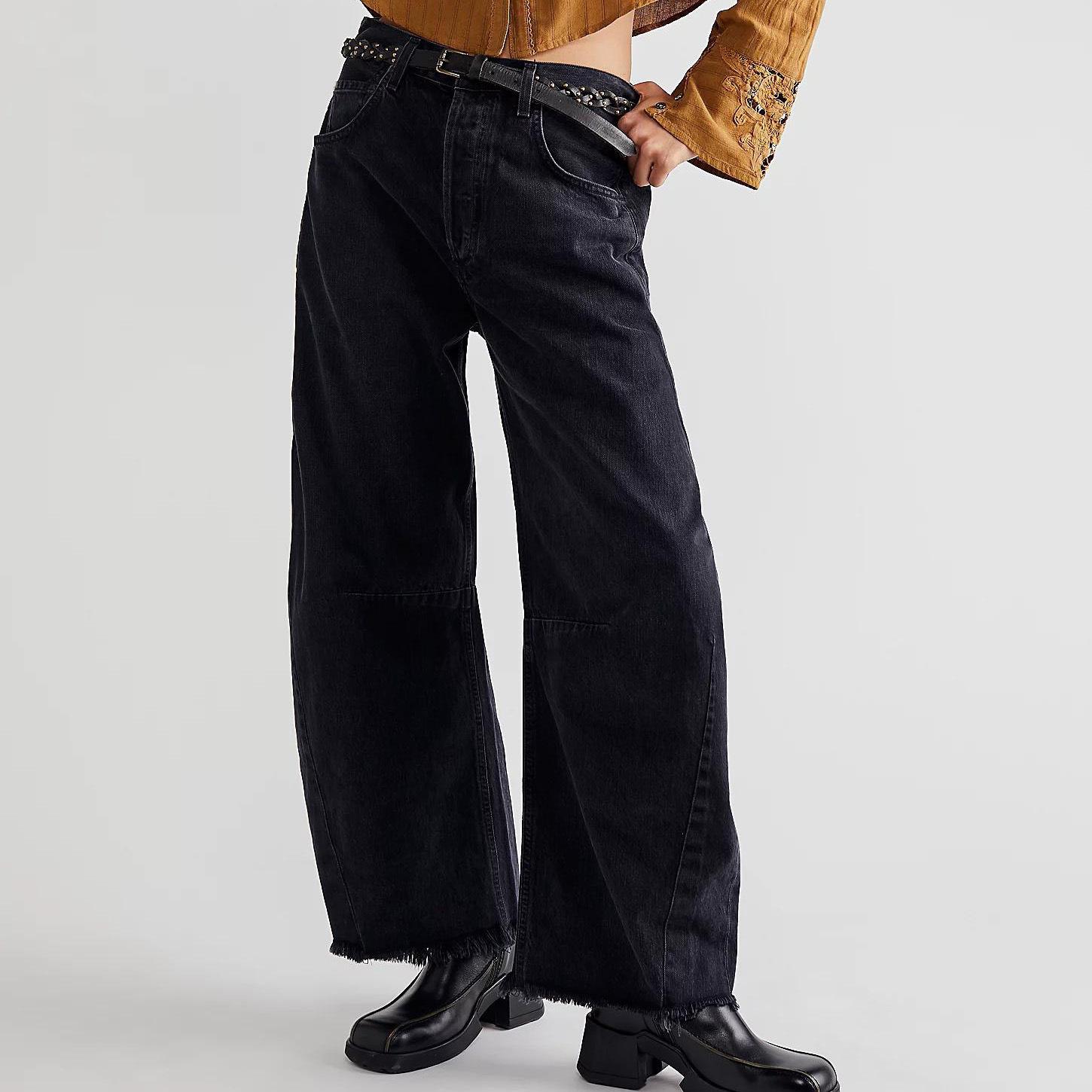

Women s Wide-leg Jeans High-waist Loose Breasted Trousers Clothes Sale S чёрный