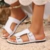 Round Toe Open Toe Flat Shoes Women's Summer New Fashion Metal Buckle Cutout Soft Sole Anti-slip Wear-resistant Flip-flops