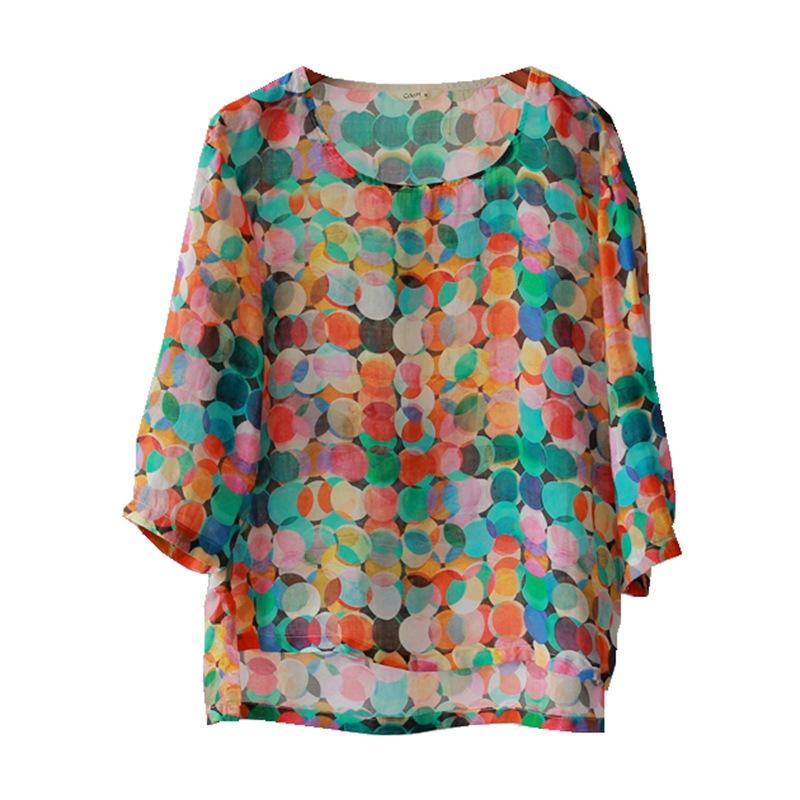 Johnature Dámská trička s květinovým potiskem Vintage O-výstřih Sedmirukávové Letní Vysoce kvalitní Volná Dámská Ležérní Měkká Trička