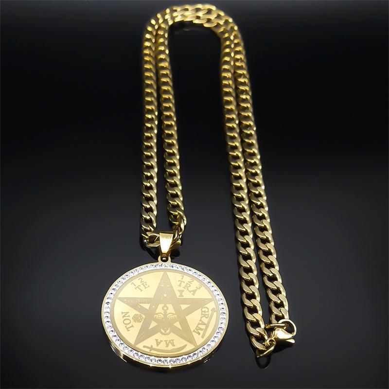 Tetragrammaton Hebrejský Je Pentagram Náhrdelník pro Muže Nerezová Ocel Křišťál Zlatá Barva Amulet Náhrdelníky Šperky Dárek NZZZ499