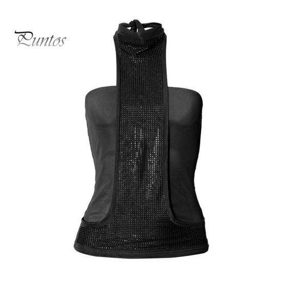 

Женский жилет с халтер-воротником, украшение из стразов, имитация двухкомпонентного стиля, топы-майки, однотонные, облегающие, летние топы S чёрный