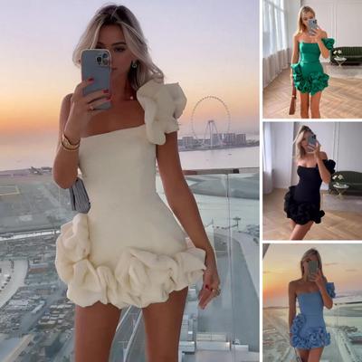 Vestido de noite feminino com babados, um ombro, decoração floral, cintura fina, bainha sem mangas, puro