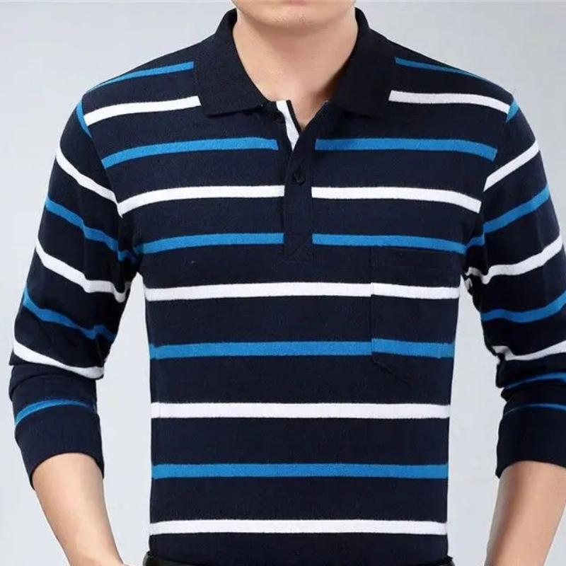 Camisas polo listradas masculinas da moda, novas camisas polo coreanas para negócios, primavera/outono, casuais, manga comprida, bolsos na lapela, roupas masculinas, tops de algodão, 2025
