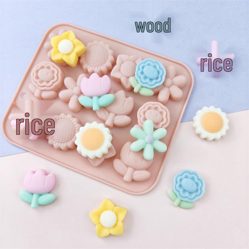 12-Cavity Silicone Mold for Flower Shapes: Sunflower & Tulip Resin Epoxy Cake Decoration Mold