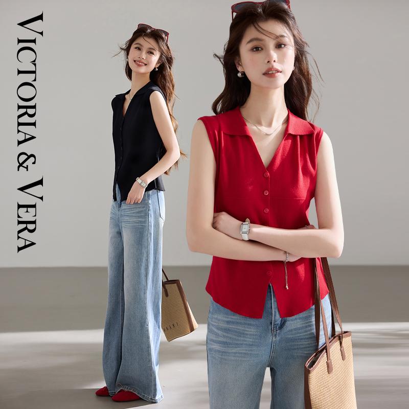 Twilight Traveler Series French Romantic Retro Sleeveless Collar Knitted Shirt Single breasted Slimming and Stylish Top