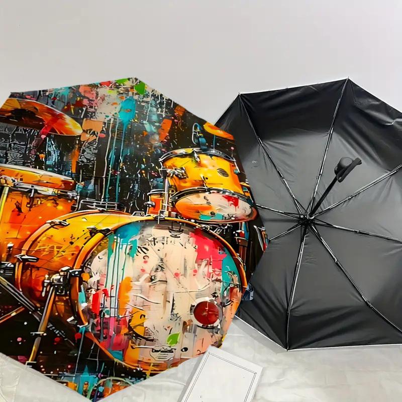 1PC Drum Set Artwork Umbrella-8-Rib Reinforced, Automatic Open, Lightweight & Durable, Cute Fashion Accessory for Outdoor-W9238
