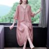 Robe Printemps et Été Col en V Style Chinois Manches Trois-Quarts Grande Taille Ample Brodée Robe Mère