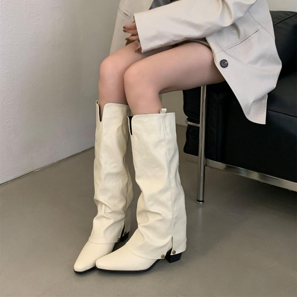 2025 Spice Girl Style Pointed Heel Thick Heel But Knee Boots Women's Fashion Temperament Pant Pants Boots Western Cowboy Knight Boots