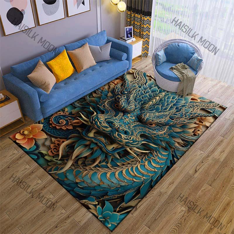 Oriental Dragon Head Print Cartoon Carpet Rug for Living Room Bedroom Sofa Decor Kids Play Home Area Rug Non-slip Mat