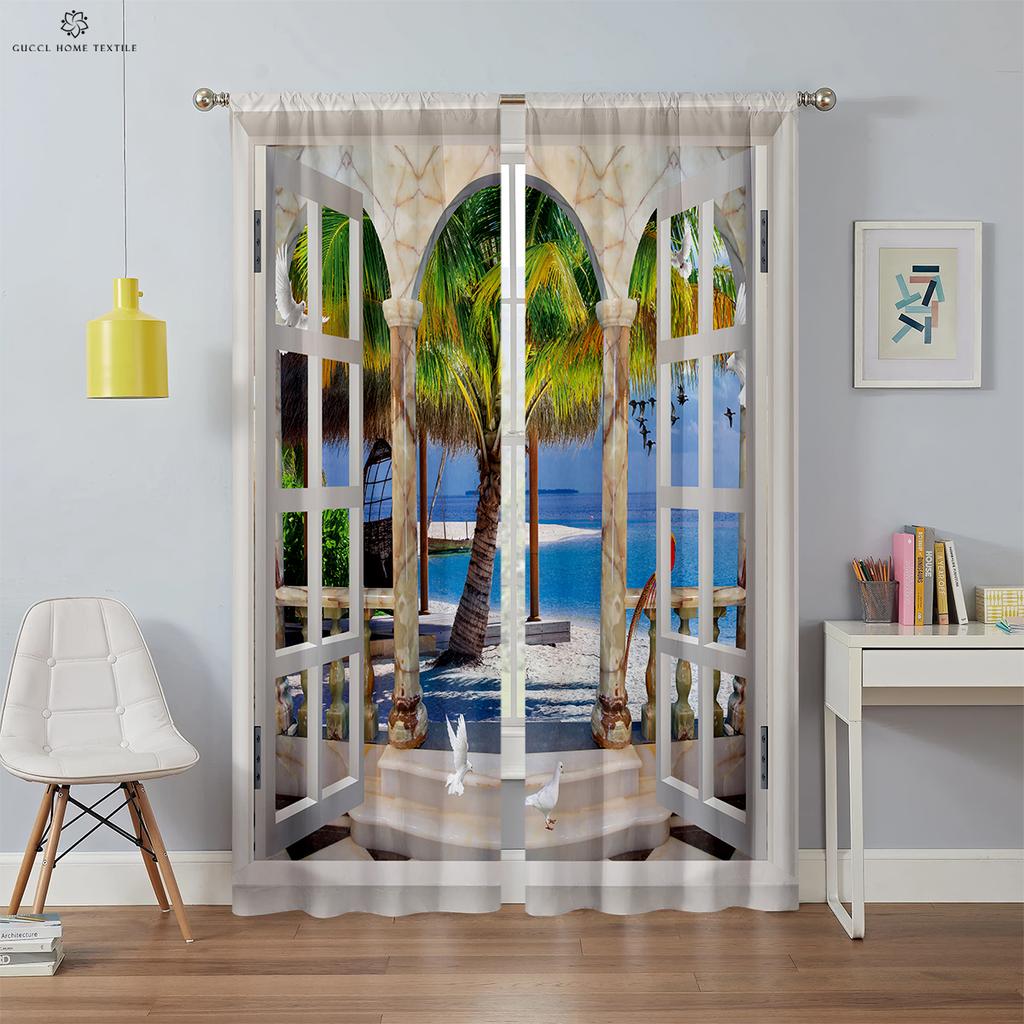 3D Printed Curtains for Window Scenery, Simulation, Modern, Decorative, Bedroom, Living Room, Study, 2Pcs