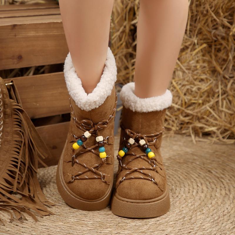 Schneestiefel Damen 2025 Winter Neuer Stil Fleece Warm Geschnürte Stiefeletten Lässig und Vielseitig Dicksohlige Damenstiefel Große Größe