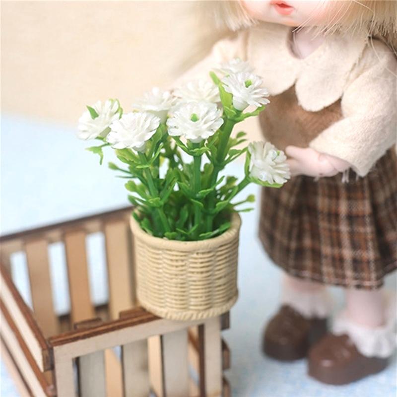 1:12 Dollhouse Miniature Daisy Mint Tree Flowers Pot Mini Green Plant Potted Plant Simulation Tree Model Home Garden Decor Toys