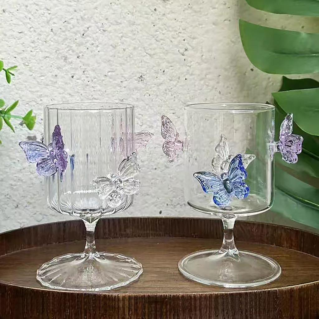 Clear Glass Goblet Decorative Wine Glasses with 3D Butterflies for Home Bar Wedding Party
