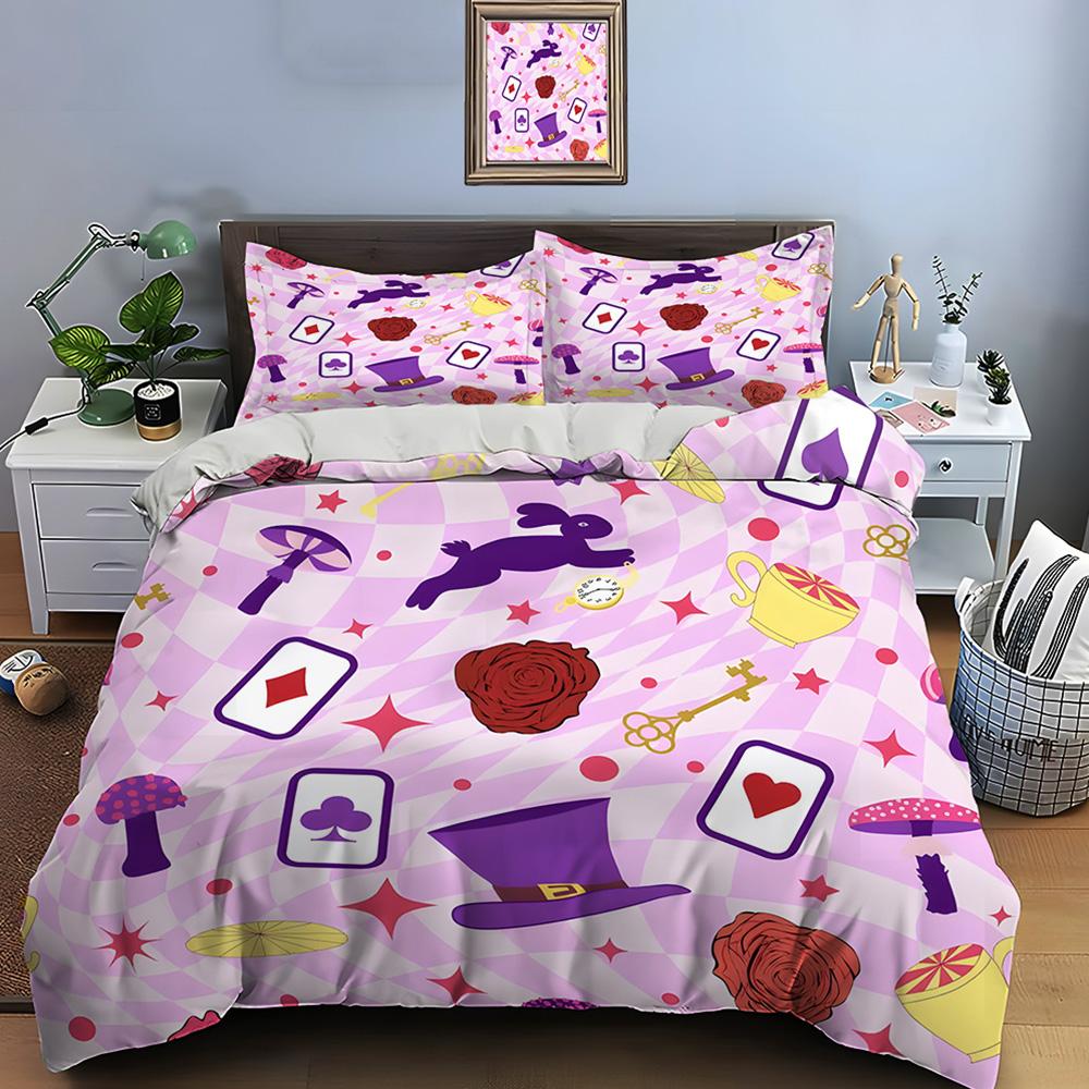 Rabbit Card Mushroom Element Bedding Set for Kids Luxury Gift 3pcs Digital Print Comforter Set Soft Comfortable Breathable (as the picture,EU Twin 135X200cm&set)