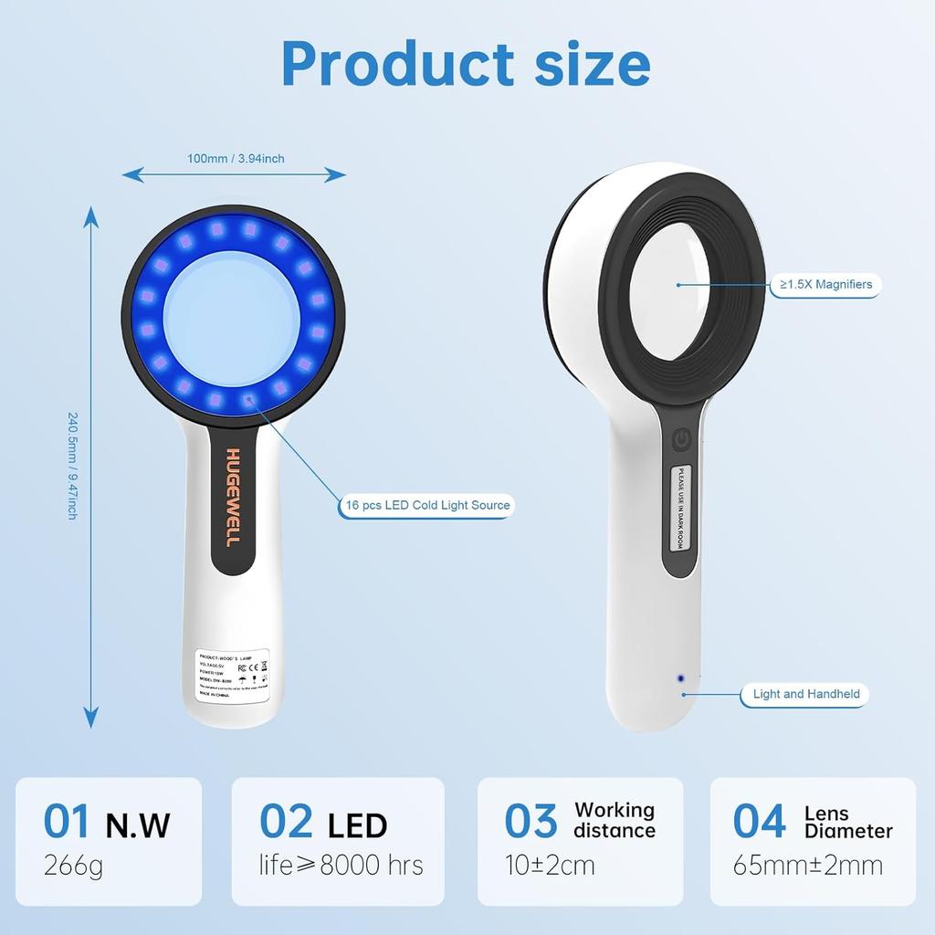 Woods Lamp Skin Analyzer, Portable Handheld Woods Lamp Light for Dog Skin Fungal Infection, Cat Ringworm, SPA, Salon, and Home Environmental Testing