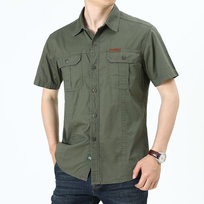 Safari Style Military Men Cotton Short Sleeve Shirt Streetwear Fashion Summer New Lapel Oversized Business Plaid Casual Tops 5XL