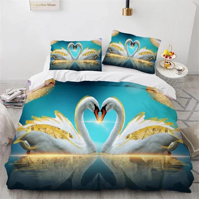 Couple Swan Duvet Cover King Queen For Girls Teen Room Decor Microfiber Romantic Flower Bedding Set Wild Animals Comforter Cover