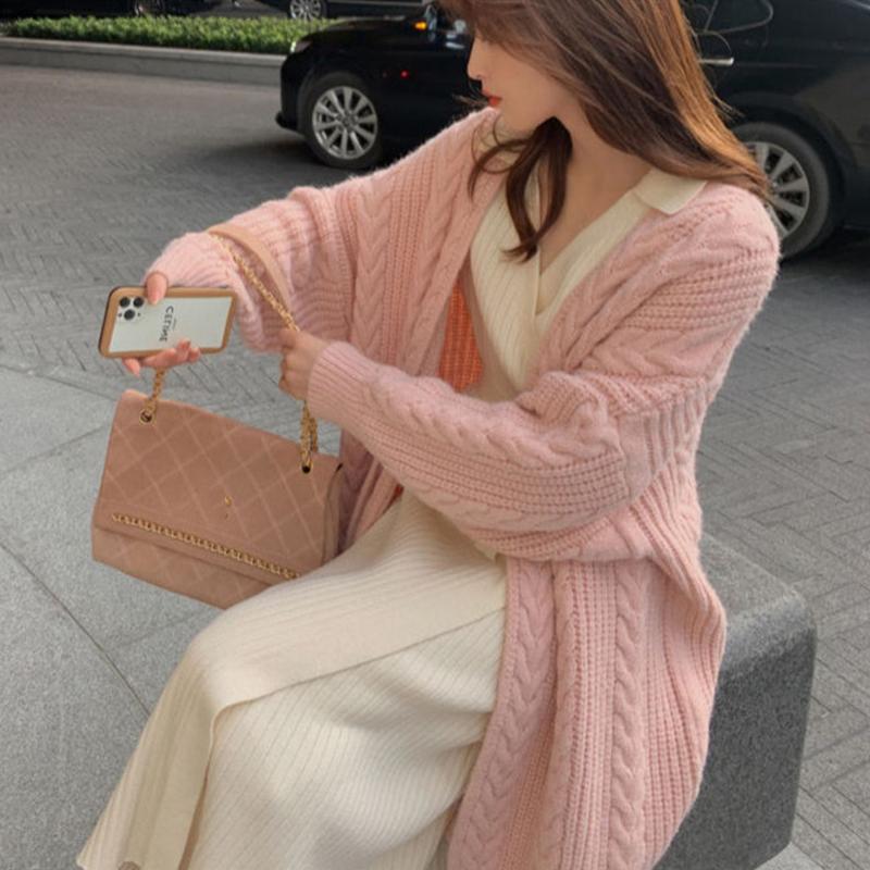 New Korean Style Knitted Cardigan Long Sweater Coat Women Casual Retro Twist V-neck Loose Spring and Autumn Fashion Long Sleeve Sweaters Simple Jacket