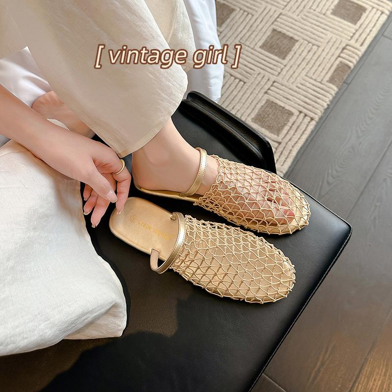 Grape Mother Summer New Hollow Niche Design Outer Wear One Word with Bag Head Flat Bottom Cool Slippers Women