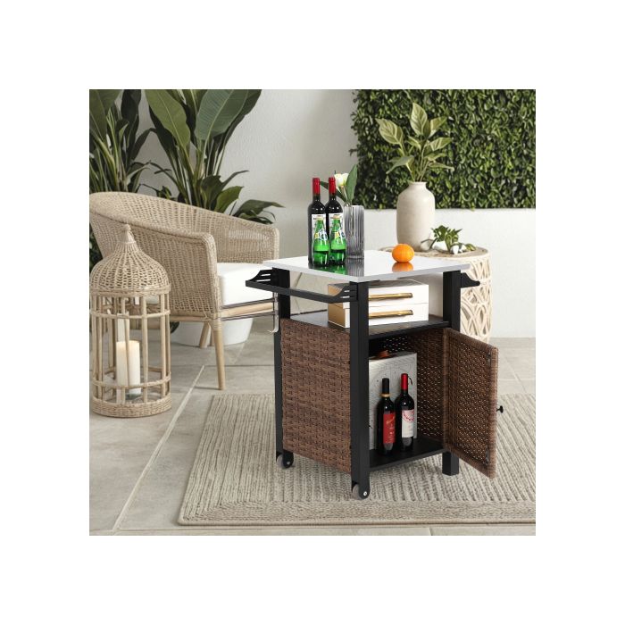 Chariot de bar à une porte,adapté aux cuisines extérieures,avec plateau d'extension et roulettes en acier inoxydable, couleur marron