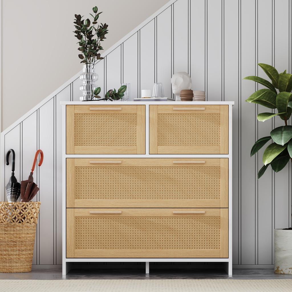High-quality 4-drawer rattan cabinet with solid wood handles - Suitable for bedroom, living room, dining room, hallway - Dimensions: W80/H80/D38 cm