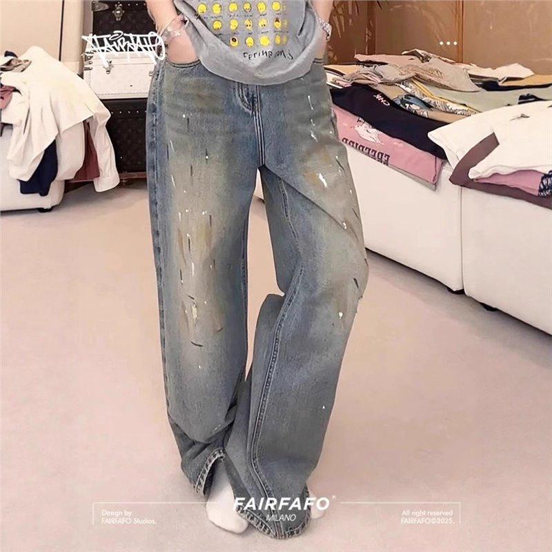 

Ink Splatter V-Neck Retro Wide-Leg High-Waisted Slim-Fit Jeans for Women Small