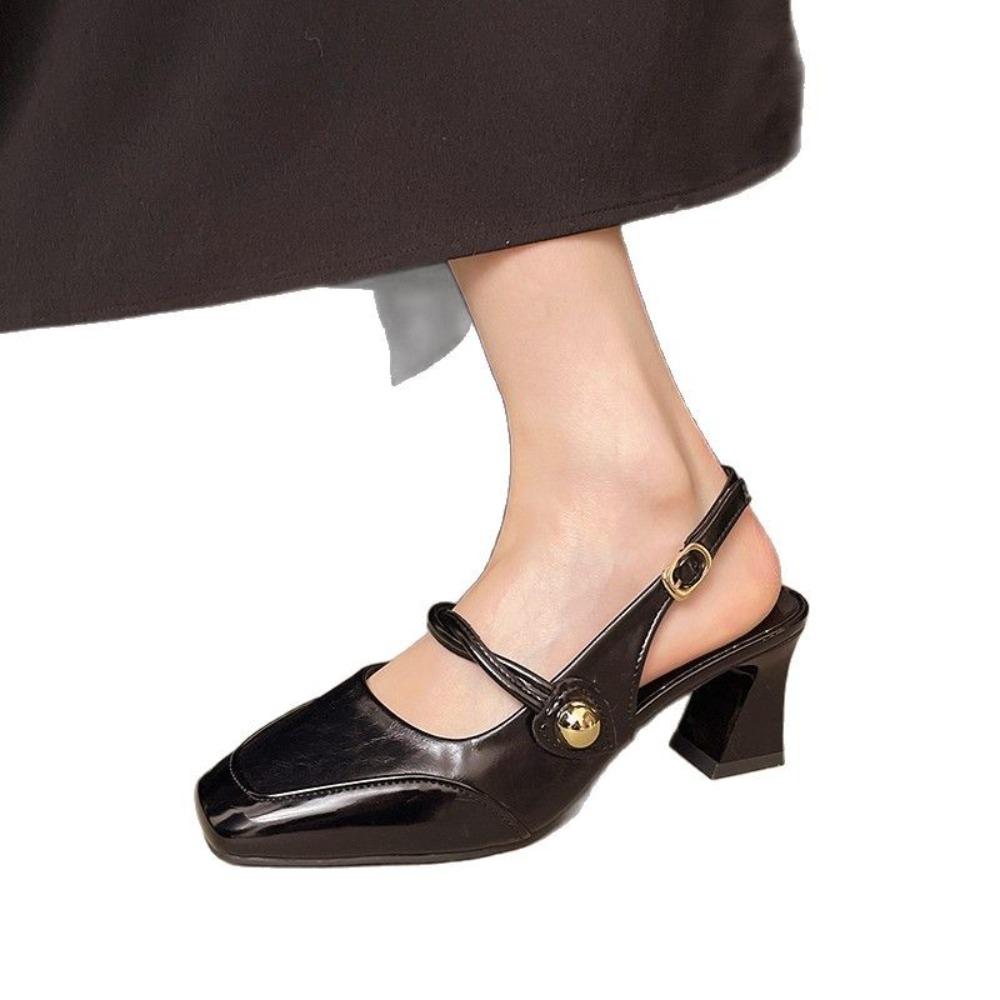 Fashion Women's Shoes Backless Sandals Square-toed Patent Leather Thick-Heel Mary Jane Shoes Women's Square-toed High Heels
