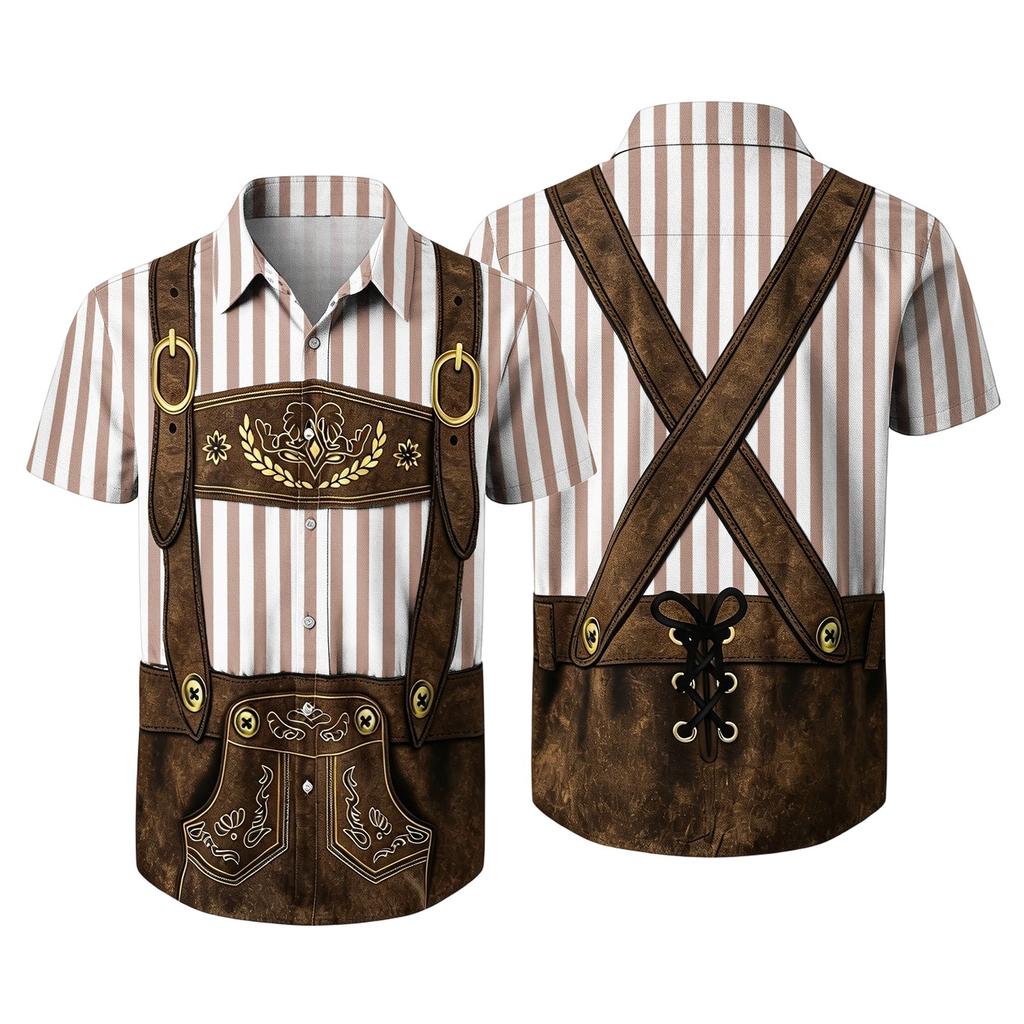 Men's Short Sleeve Button Up Shirt Casual Loose Fit Festival Party Shirt with Vintage Beer Elements Print and Faux Lederhosen Design