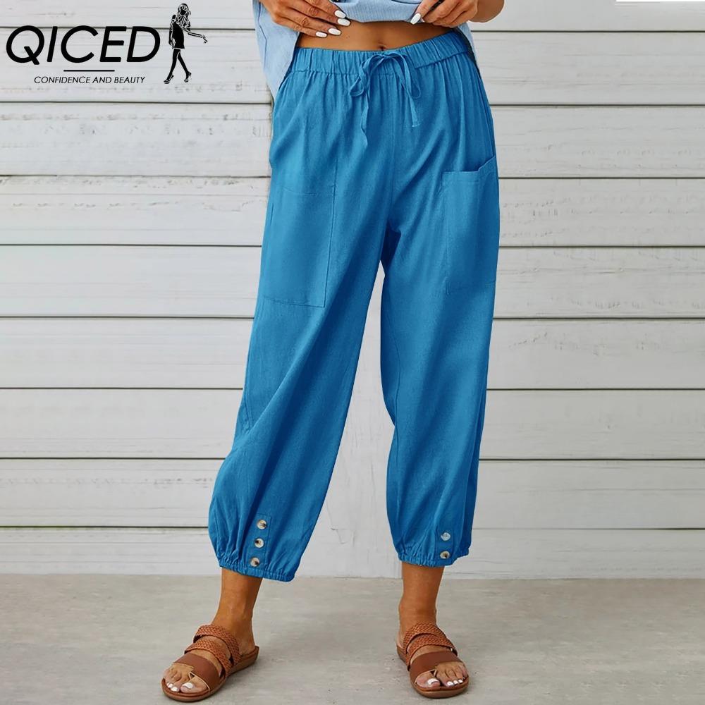 QICED 12 Color Women's Fashion Casual Solid Color Print Pants & Capris