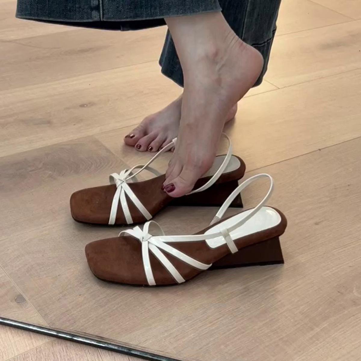 

Soft leather version~ French temperament one-word thin strap wedge sandals women s head with skirt open-toed high-heeled Roman sandals 40